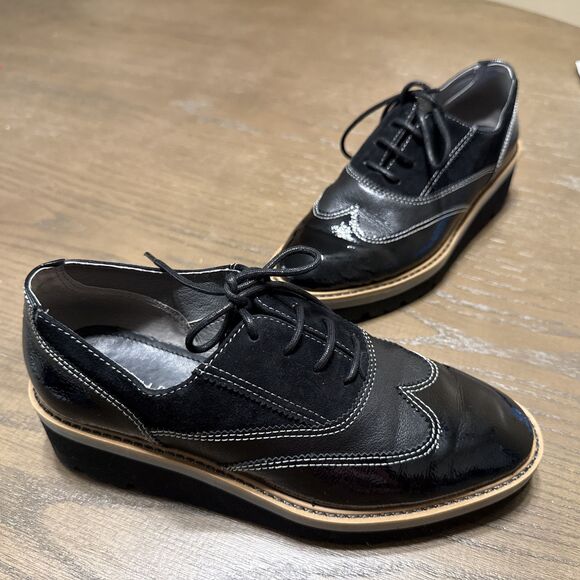 Donald Pliner Shoes - Donald Pliner Women's Black Loafer Wedge Size 6M Tandi Crinkle Patent  Suede